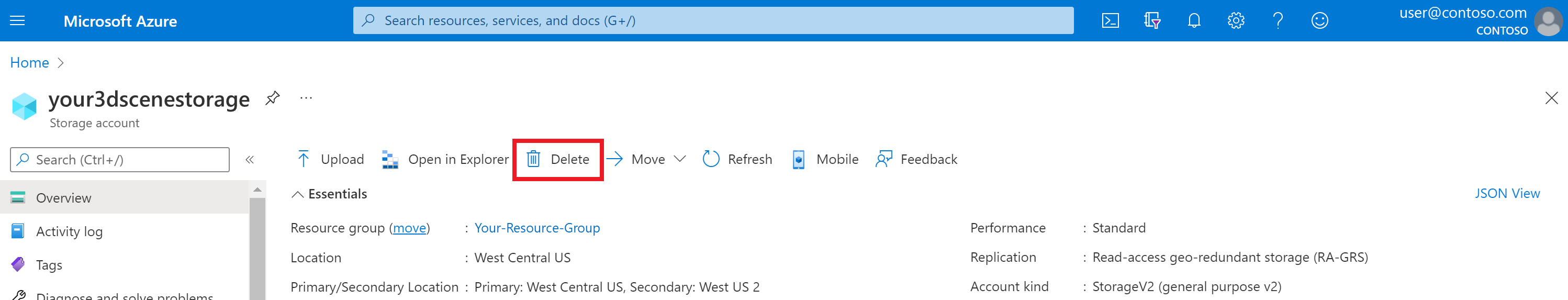 Snímek obrazovky se stránkou Přehled účtu úložiště Azure na webu Azure Portal Tlačítko Odstranit je zvýrazněné.