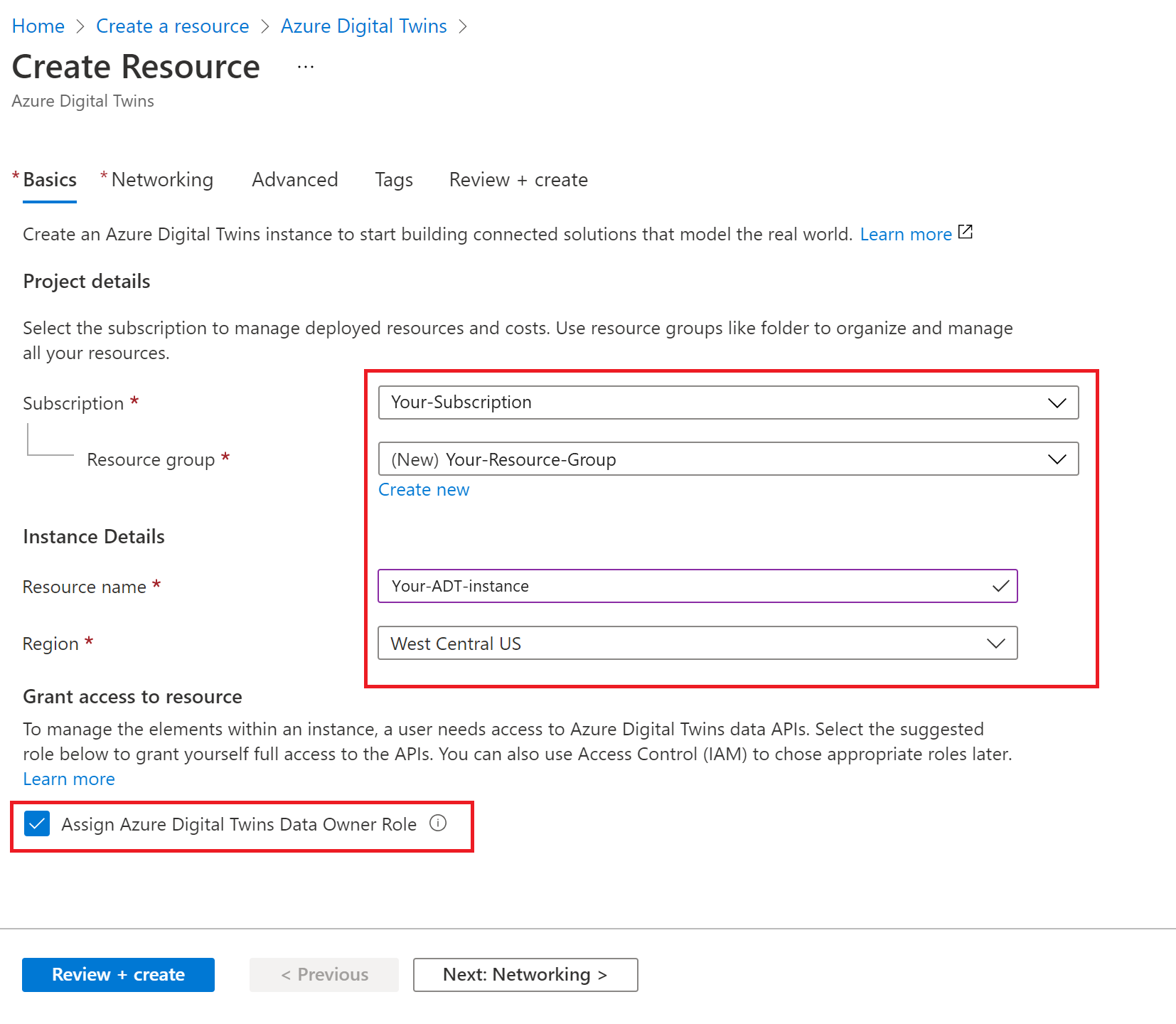 Snímek obrazovky s procesem vytvoření prostředku pro Azure Digital Twins na webu Azure Portal Popsané hodnoty jsou vyplněny.