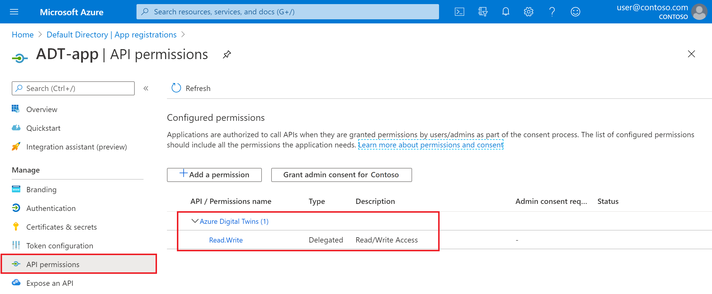 Snímek obrazovky s oprávněními rozhraní API pro registraci aplikace Microsoft Entra na webu Azure Portal zobrazující přístup pro čtení a zápis pro Azure Digital Twins