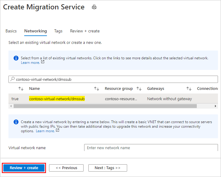 Snímek obrazovky konfigurace nastavení sítě instance služby Azure Database Migration Service