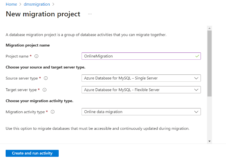 Snímek obrazovky s projektem Vytvořit nový projekt migrace