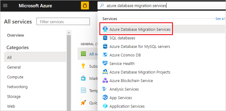 Snímek obrazovky služby Search Azure Database Migration Service