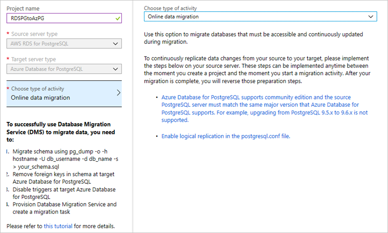 Snímek obrazovky s projektem Vytvořit službu Database Migration Service