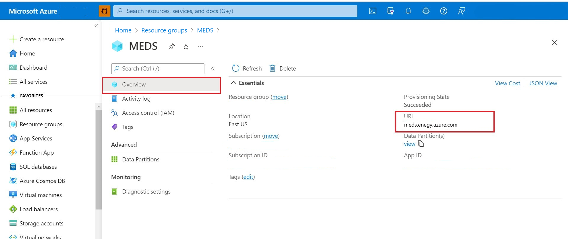 Snímek obrazovky znázorňující vyhledání identifikátoru URI pro instanci Azure Data Manageru pro energii