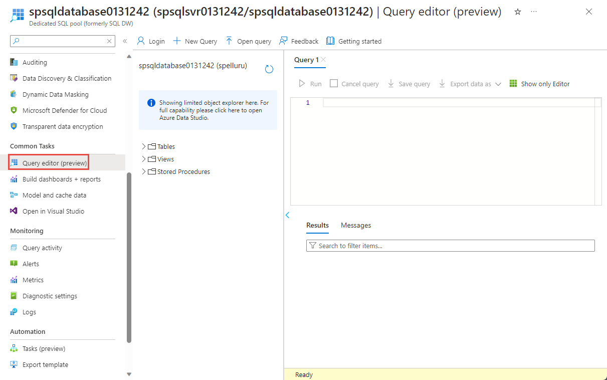 Snímek obrazovky znázorňující výběr Editor Power Query na stránce vyhrazeného fondu SQL na webu Azure Portal