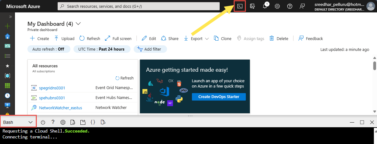 Snímek obrazovky znázorňující web Azure Portal s vybranou možností Cloud Shell a Bash