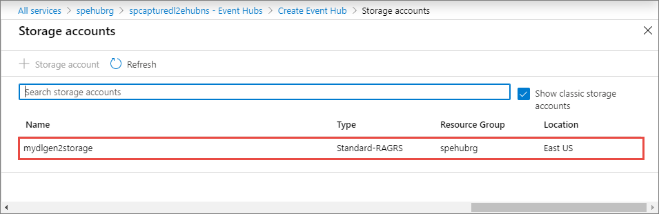 Snímek obrazovky znázorňující výběr účtu Data Lake Storage Gen2