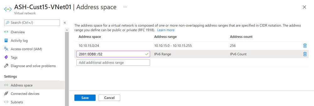 Snímek obrazovky s přidáním adresního prostoru Ipv6 do virtuální sítě