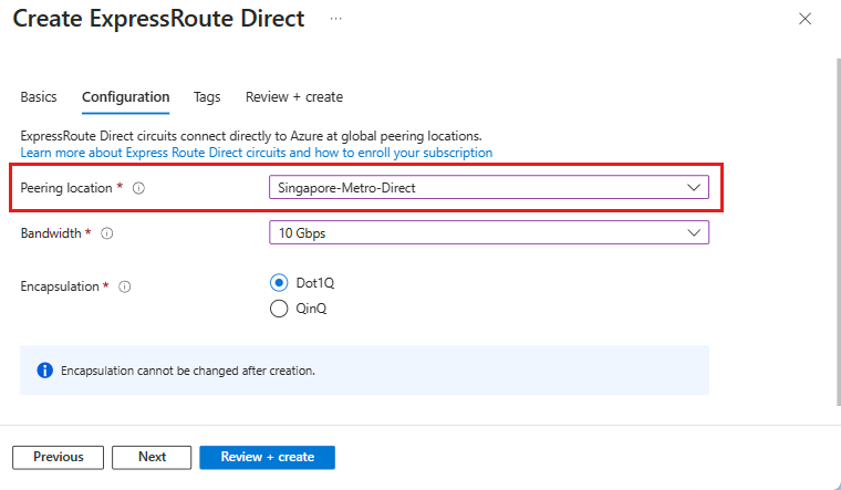 Snímek obrazovky s vytvářením portů Metro ExpressRoute Direct