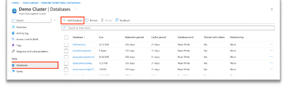 Snímek obrazovky znázorňující přidání databáze v Azure Data Exploreru