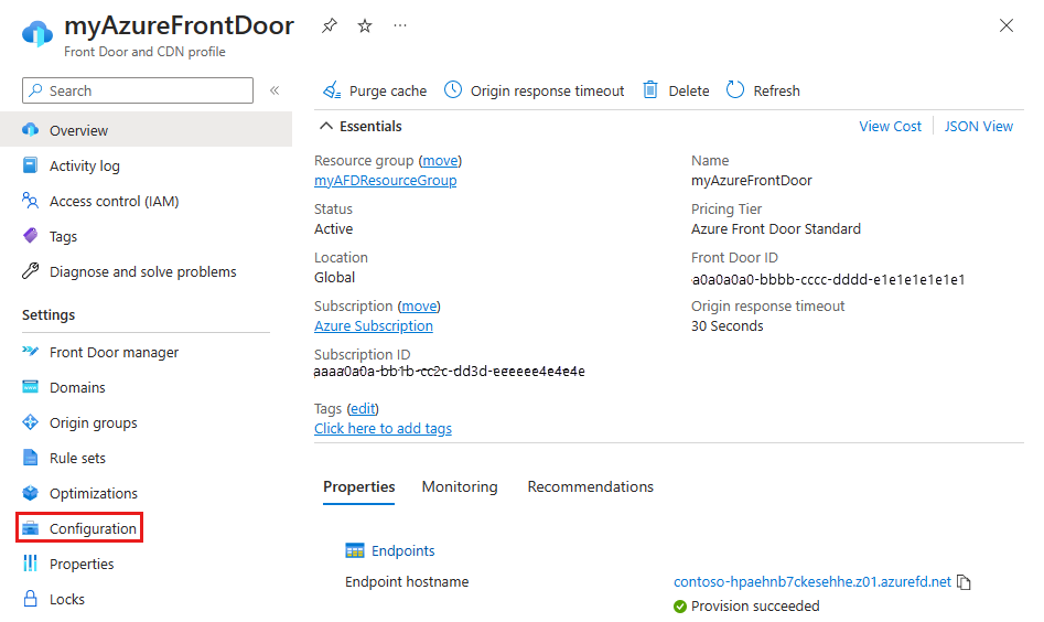 Snímek obrazovky s tlačítkem konfigurace v nastavení pro profil Azure Front Door Standard