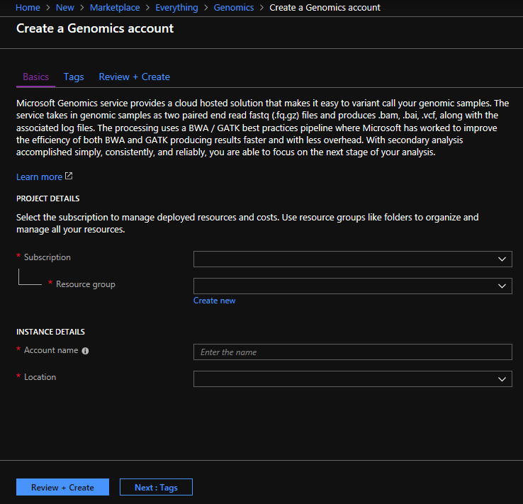 Microsoft Genomics na webu Azure Portal