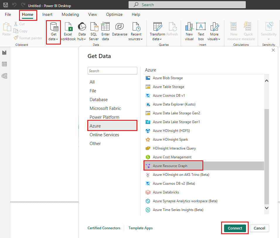 Snímek obrazovky s dialogovým oknem Získat data v Power BI Desktopu a výběrem konektoru Azure Resource Graph