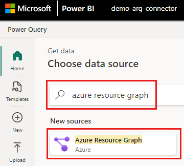 Snímek obrazovky s dialogovým oknem Získat data v služba Power BI a výběrem konektoru Azure Resource Graphu