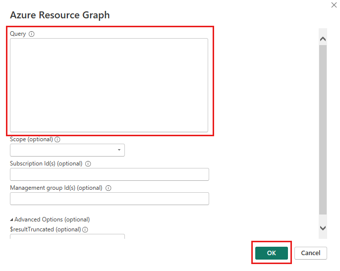 Snímek obrazovky s dialogovým oknem Azure Resource Graph pro zadání dotazu a použití výchozího nastavení