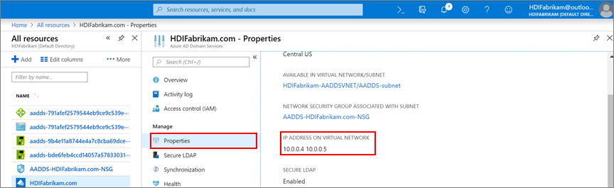 Vyhledejte vlastní IP adresy DNS pro službu Microsoft Entra Domain Services.