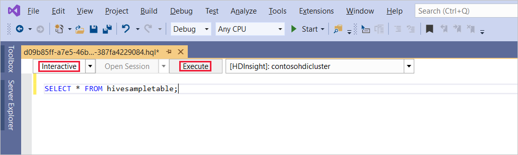 Spusťte interaktivní dotaz Hive, Visual Studio.