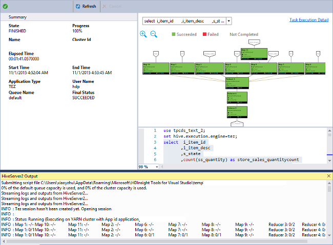 Graf úloh Apache Hive, Visual Studio