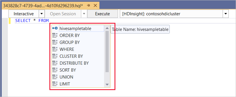 IntelliSense – příklad 1, ad hoc dotaz Hive, cluster HDInsight, Visual Studio.