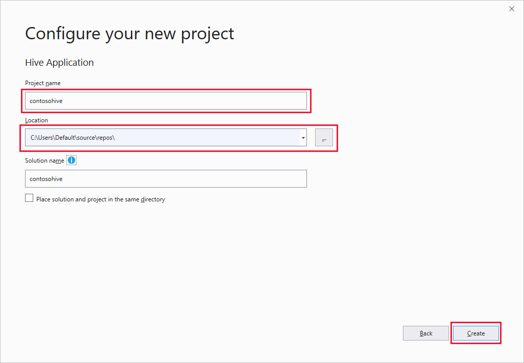 Nová aplikace Hive, nakonfigurujte nové okno projektu HDInsight Visual Studio.