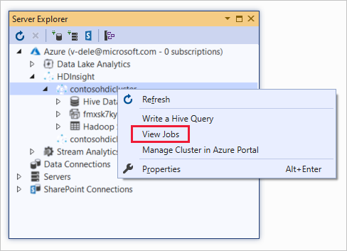 Zobrazení úloh, Apache Hive, clusteru HDInsight a sady Visual Studio