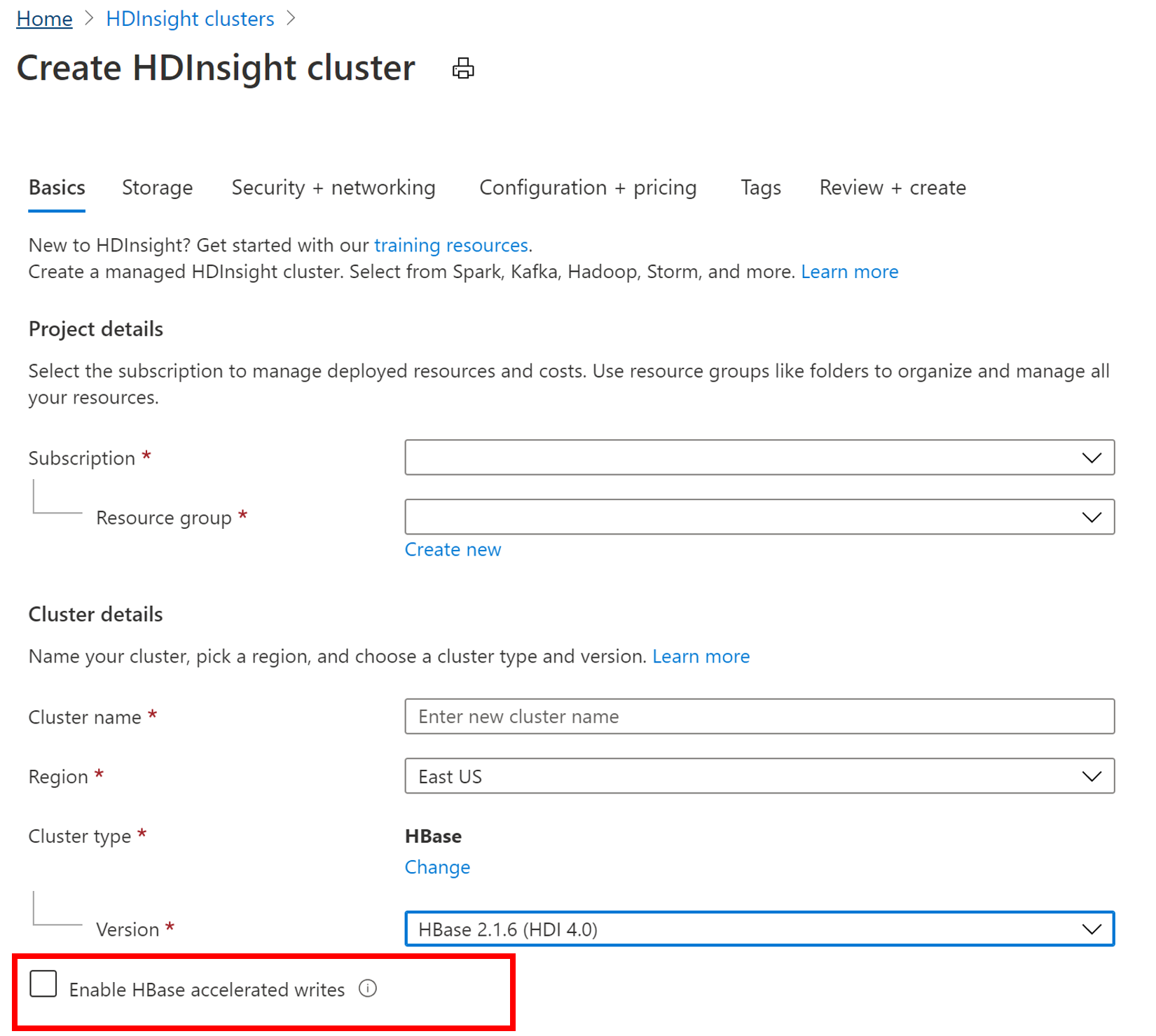 Povolte akcelerované zápisy pro HDInsight Apache HBase.