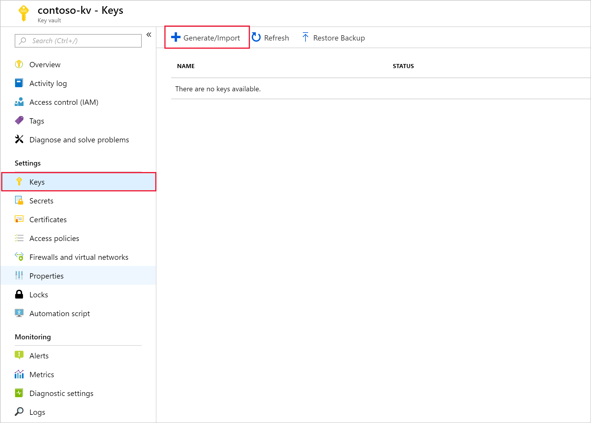 Vygenerujte nový klíč ve službě Azure Key Vault.