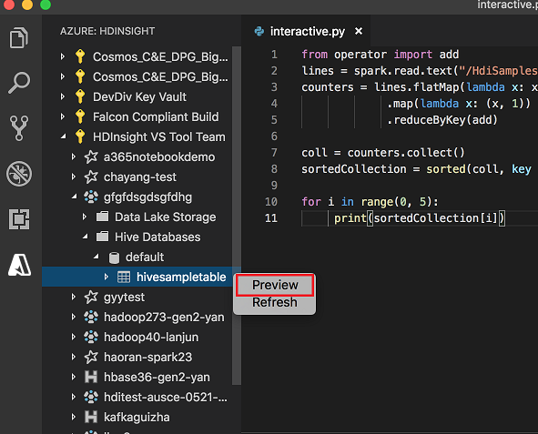 Spark &Hive pro tabulku Hive v editoru Visual Studio Code ve verzi Preview