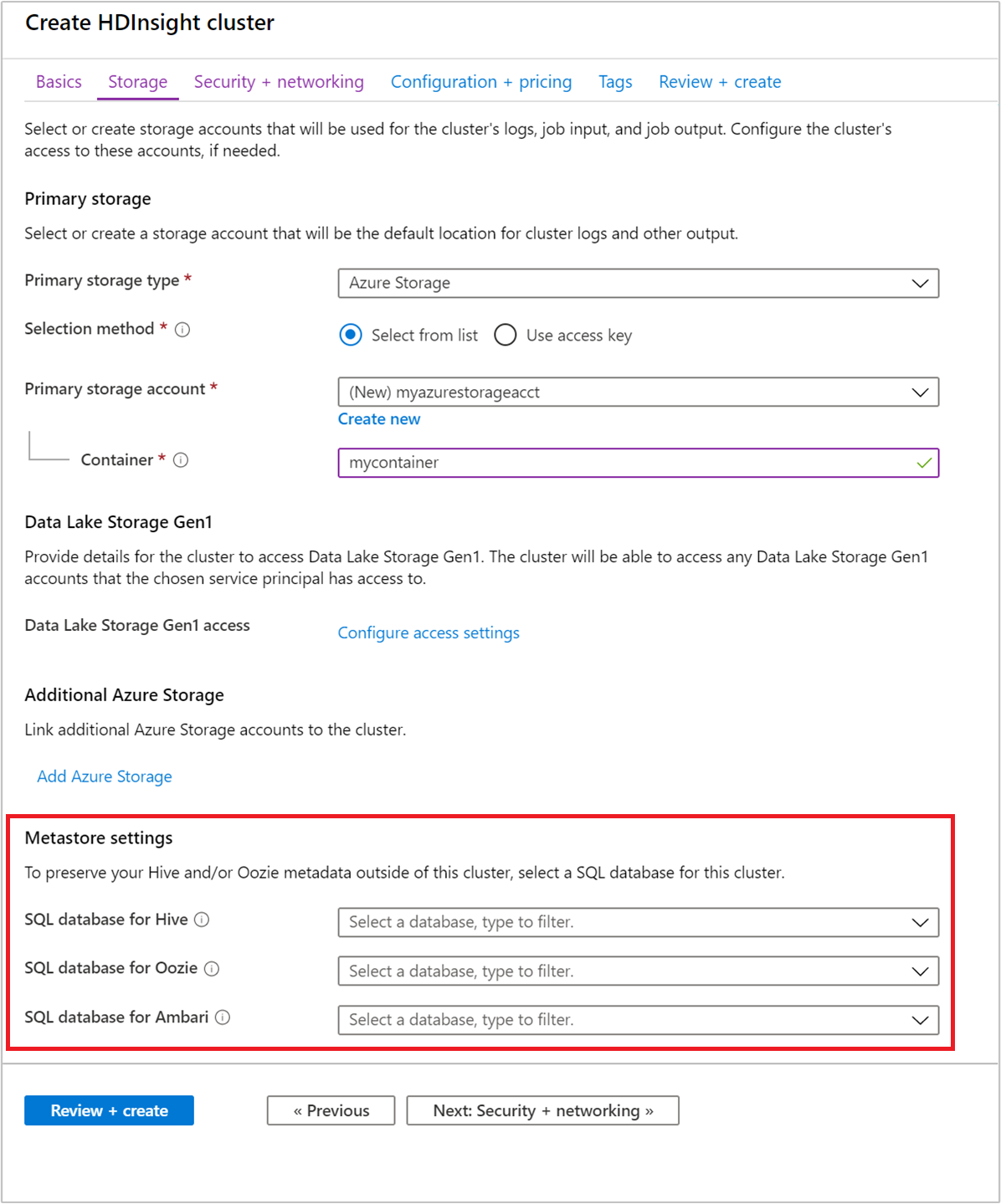 Azure Portal úložiště metadat HDInsight Hive