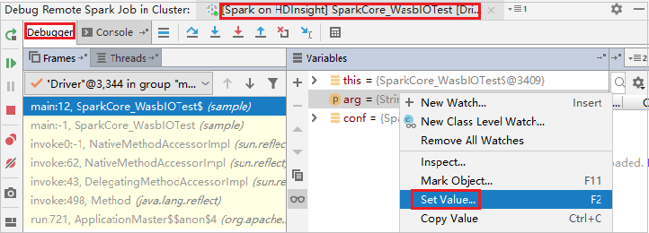 Hodnota sady vzdálených úloh Sparku v Intellij Debug