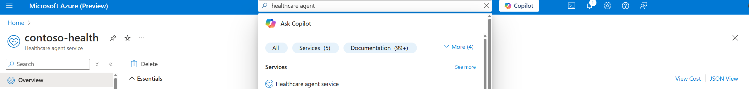 A screenshot of Azure searching for Azure healthcare agent service