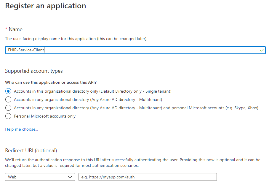 Azure Portal. Registrace nové klientské aplikace služby