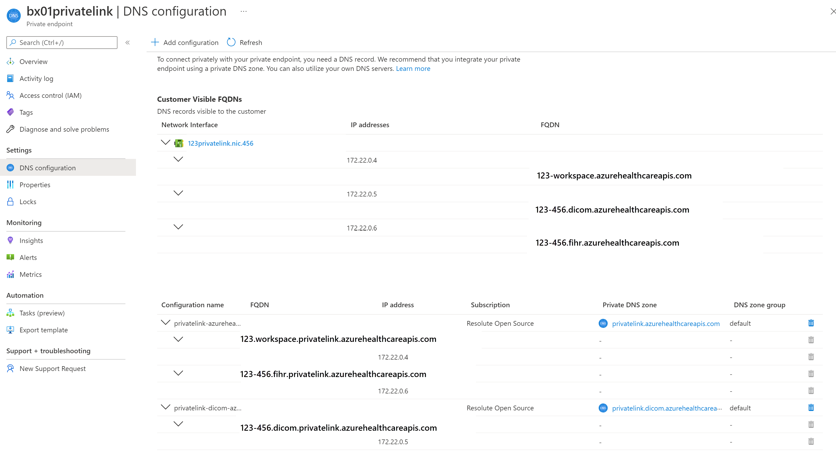 Snímek obrazovky znázorňující obrázek konfigurace DNS webu Azure Portal