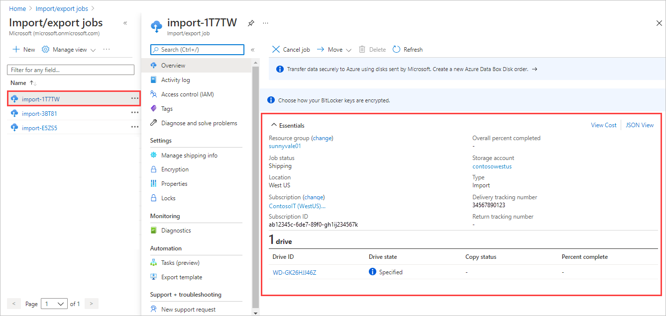 Snímek obrazovky s přehledem úlohy Azure Import Export na webu Azure Portal Vybraná úloha a podrobnosti o úloze jsou zvýrazněné.