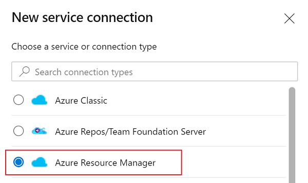 Snímek obrazovky znázorňující výběr Azure Resource Manageru z rozevíracího seznamu Připojení k nové službě