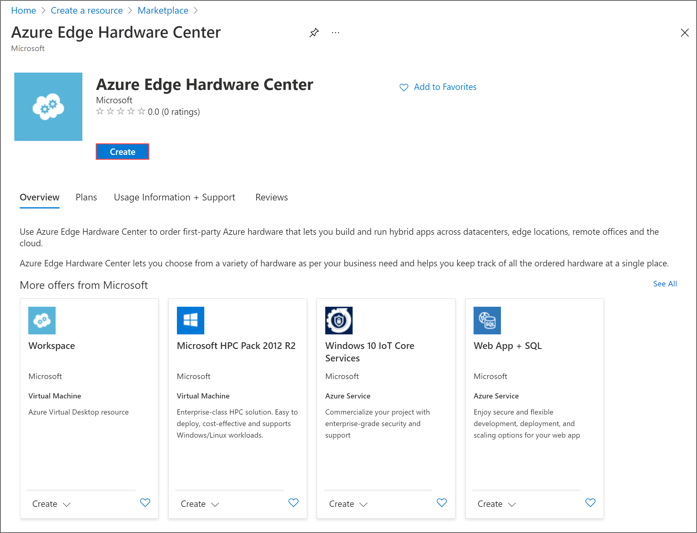 Snímek obrazovky domovské stránky Centra hardwaru Azure Stack Edge Tlačítko Vytvořit je zvýrazněné.