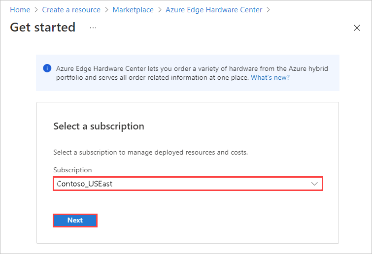 Snímek obrazovky s možností Vybrat předplatné pro objednávku Centra hardwaru Azure Edge Je zvýrazněná možnost Předplatné a tlačítko Další.