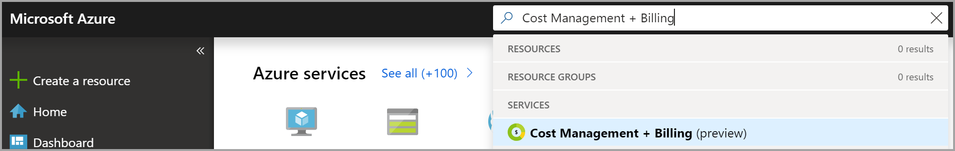 Snímek obrazovky znázorňující hledání položky Cost Management + Billing na webu Azure Portal