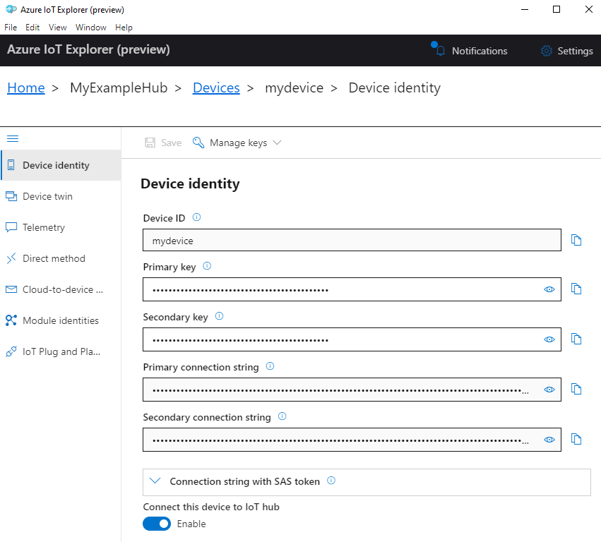 Snímek obrazovky s identitou zařízení Azure IoT Exploreru