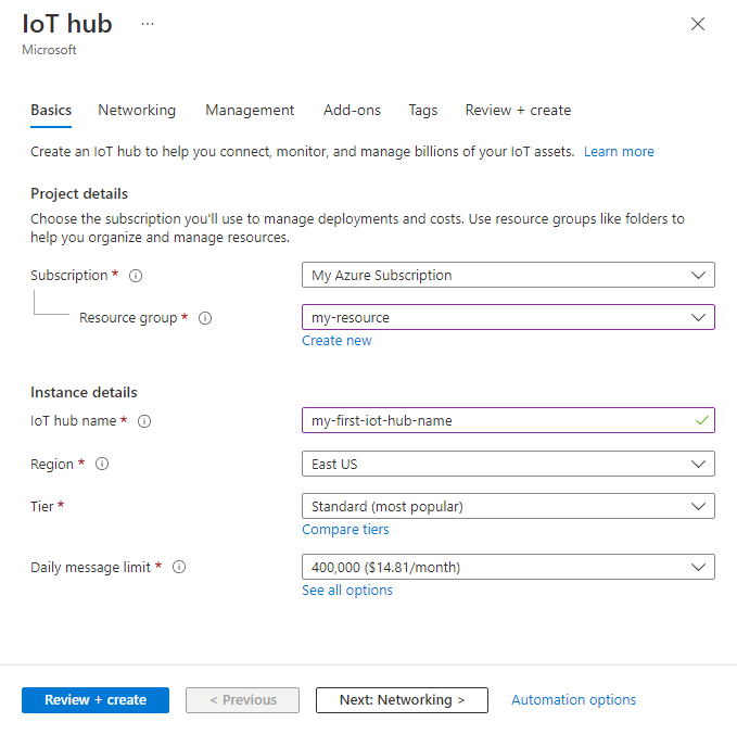 Snímek obrazovky, který ukazuje, jak vytvořit centrum IoT na webu Azure Portal.