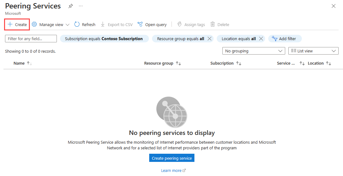 Snímek obrazovky zobrazující seznam existujících připojení služby Peering Service na webu Azure Portal