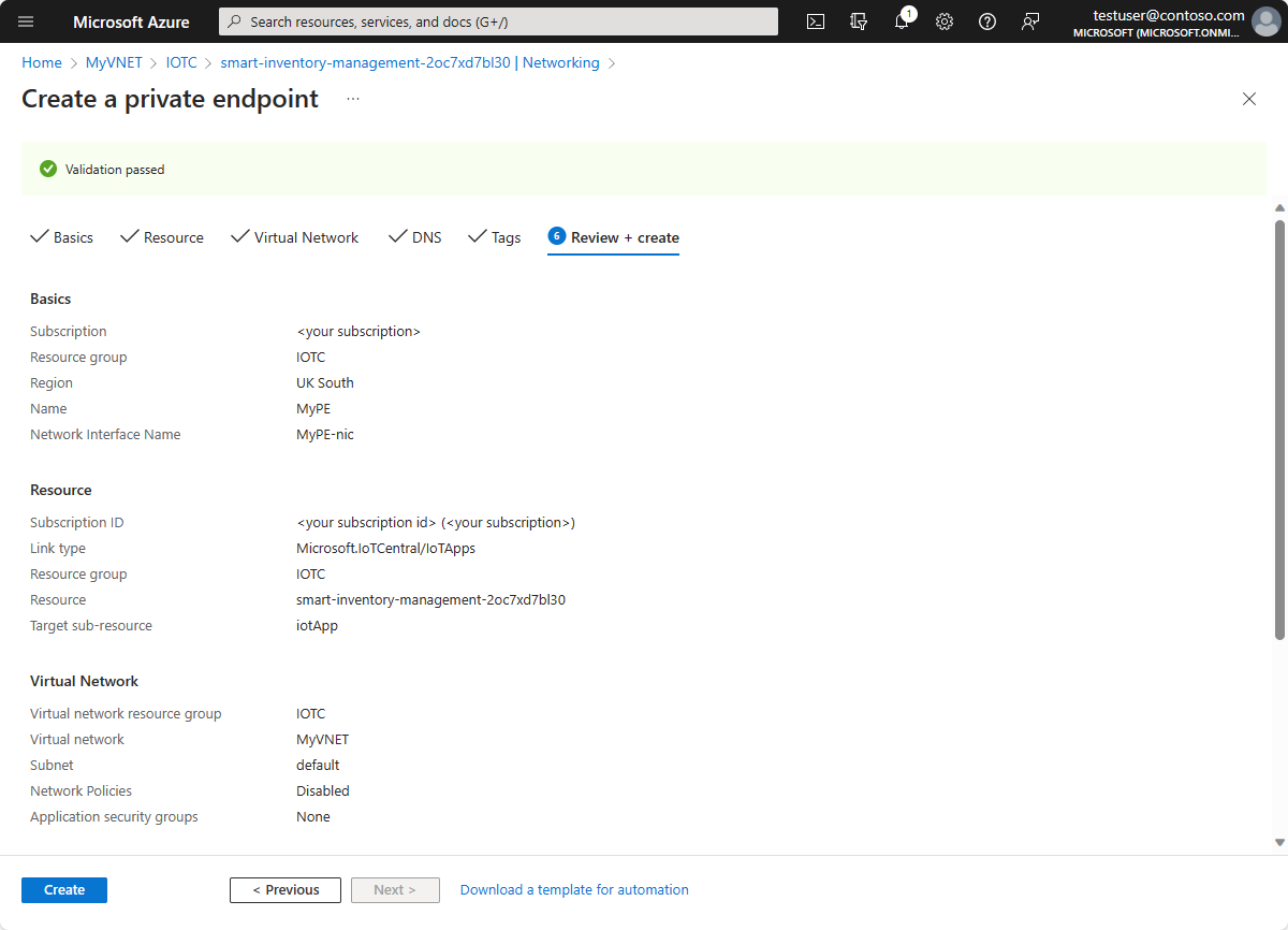 Snímek obrazovky webu Azure Portal zobrazující souhrn pro vytvoření privátního koncového bodu