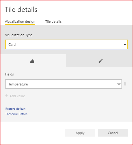 Snímek obrazovky znázorňující definici karty v řídicím panelu Power BI