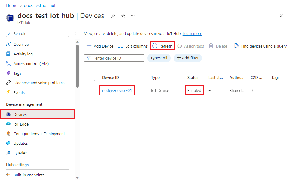 Snímek obrazovky znázorňující, že je zařízení zaregistrované ve službě IoT Hub a povolené pro Node.js příklad