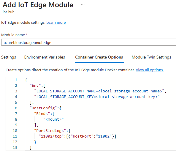 Snímek obrazovky znázorňující kartu Možnosti vytvoření kontejneru na stránce Přidat modul IoT Edge