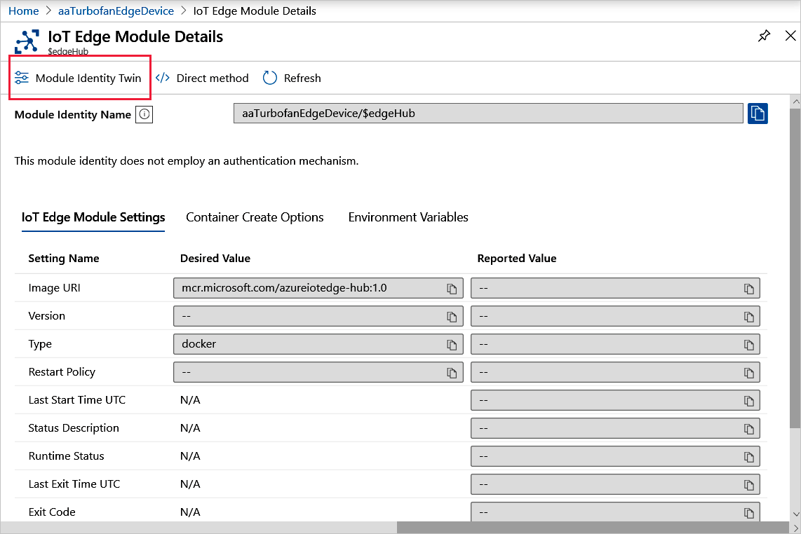 Snímek obrazovky znázorňující, jak vybrat dvojče modulu pro zobrazení na webu Azure Portal