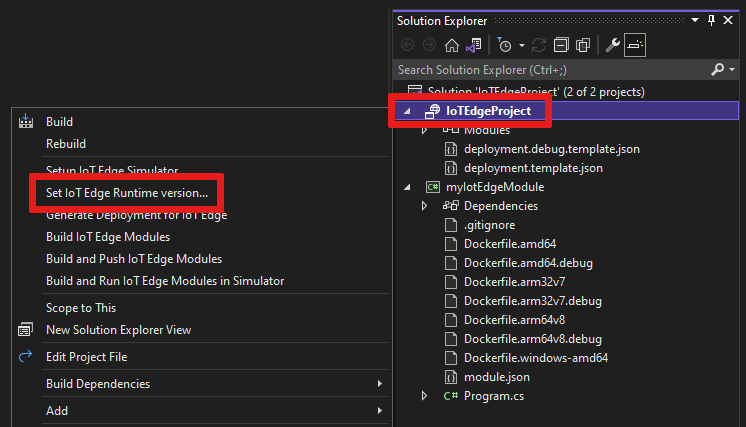 Snímek obrazovky znázorňuje, jak najít a vybrat položku nabídky s názvem Set IoT Edge Runtime version (Nastavit verzi modulu runtime IoT Edge).