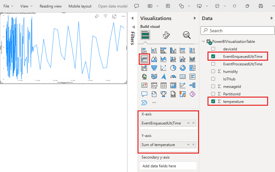 Přidání spojnicového grafu pro teplotu do sestavy Microsoft Power BI