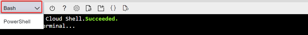 Snímek obrazovky s oknem Azure Cloud Shellu a zvýrazněným selektorem prostředí na panelu nástrojů