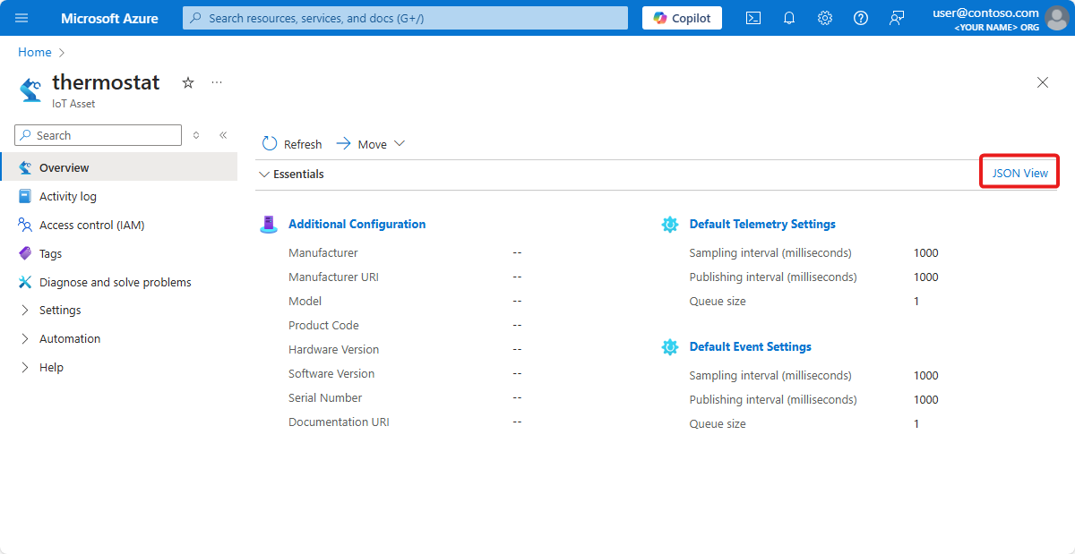 Snímek obrazovky s podrobnostmi o prostředku provozu Azure IoT na webu Azure Portal